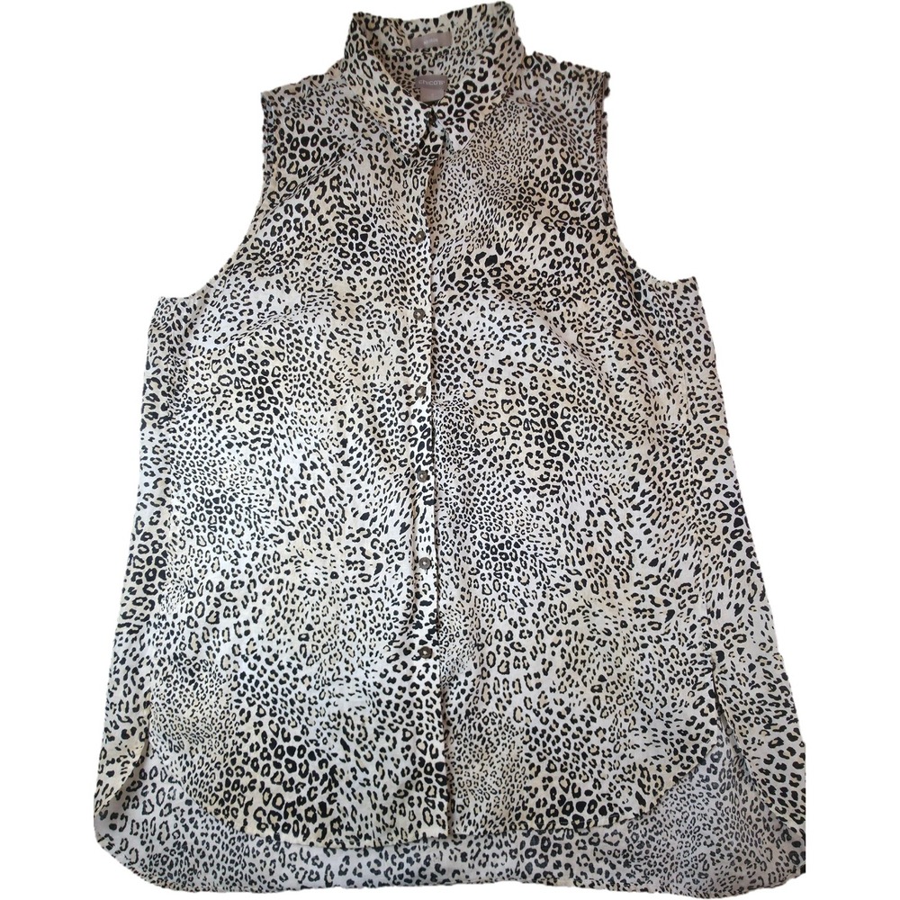 Chico's Linen Sleeveless Top Women 3 (16/18) Tan Leopard Print No Iron Excellent
